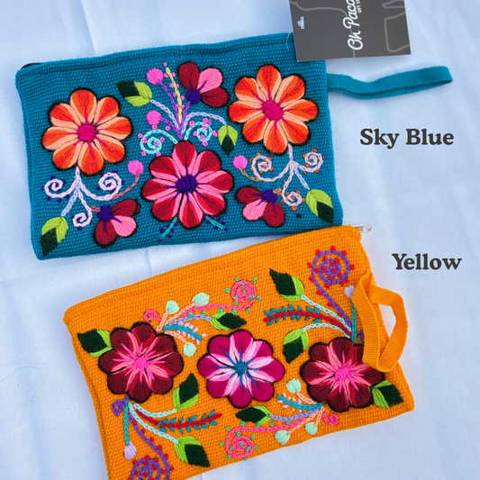 Hand Embroidered Floral Zip Pouch