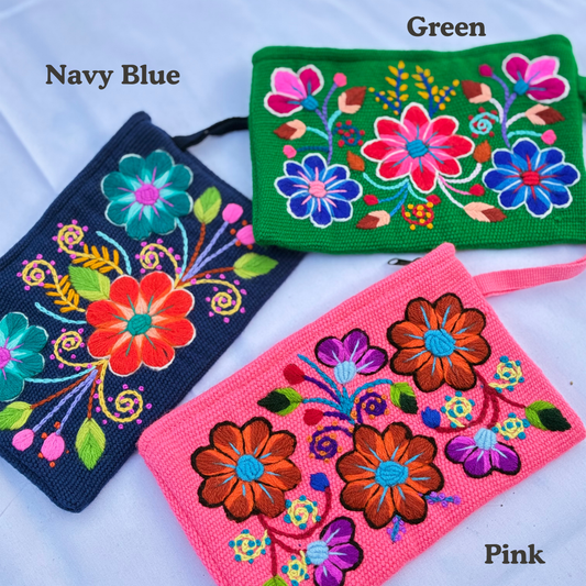 Hand Embroidered Floral Zip Pouch